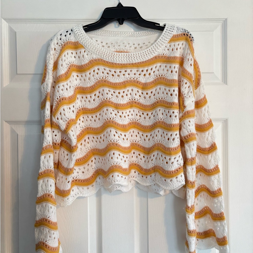 Boho Striped Pointelle Knit Yellow and White Crochet Cropped Sweater
